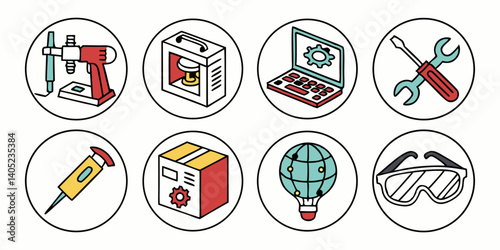 Vector Icons Set Engineering Maker Tools - 3D Printer Plotter Laptop Screwdriver Wrench Soldering Iron Box Globe Safety Glasses for DIY Tech Projects