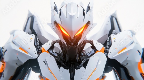 Close-up of a futuristic white robot with orange glowing eyes.