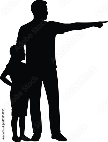 Silhouette of an adult pointing ahead while a child stands beside with a hand on the hip, symbolizing guidance and curiosity in human interaction