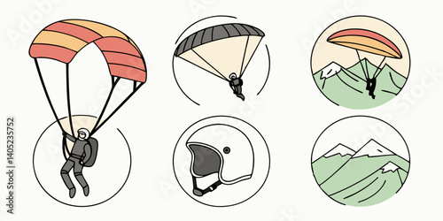 Vector Outline Paragliding Skydiving Icons Set: Extreme Sports, Adventure, Helmet, Mountains, Outdoor Graphic Design