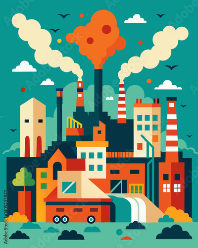 A once prosperous industrial district now struggling with the effects of overproduction as factories continue to produce goods at a rapid pace.. Vector illustration
