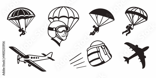 Black and White Vector Illustration of Skydiving and Aviation: Parachutes, Airplanes, Helmet, Backpack