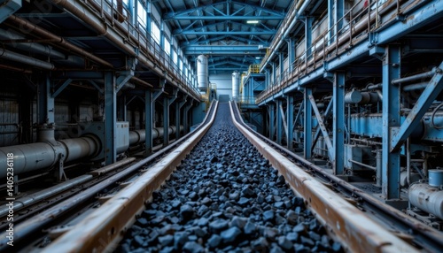 Coal transportation system in industrial facility conveyor belt high-resolution photography indoor environment perspective view photo