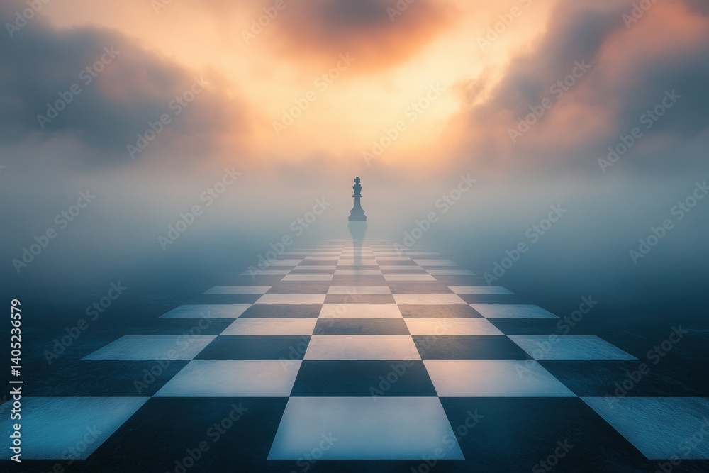 Solitary chess king stands on a path of possibilities.