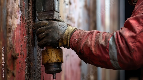 A construction worker’s hand drills into a wall to install a fixture, focused and steady on the construction site. photo