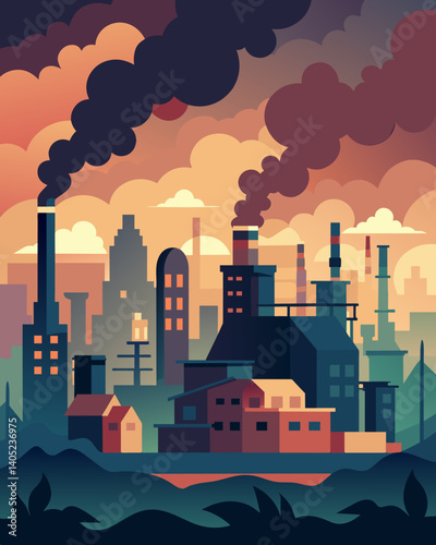 A thick layer of smog blankets the city a result of the heavy pollution emitted from nearby factories.. Vector illustration