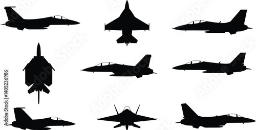 Silhouettes of eight fighter jets in various angles, showcasing military aviation and aircraft design in a vector illustration