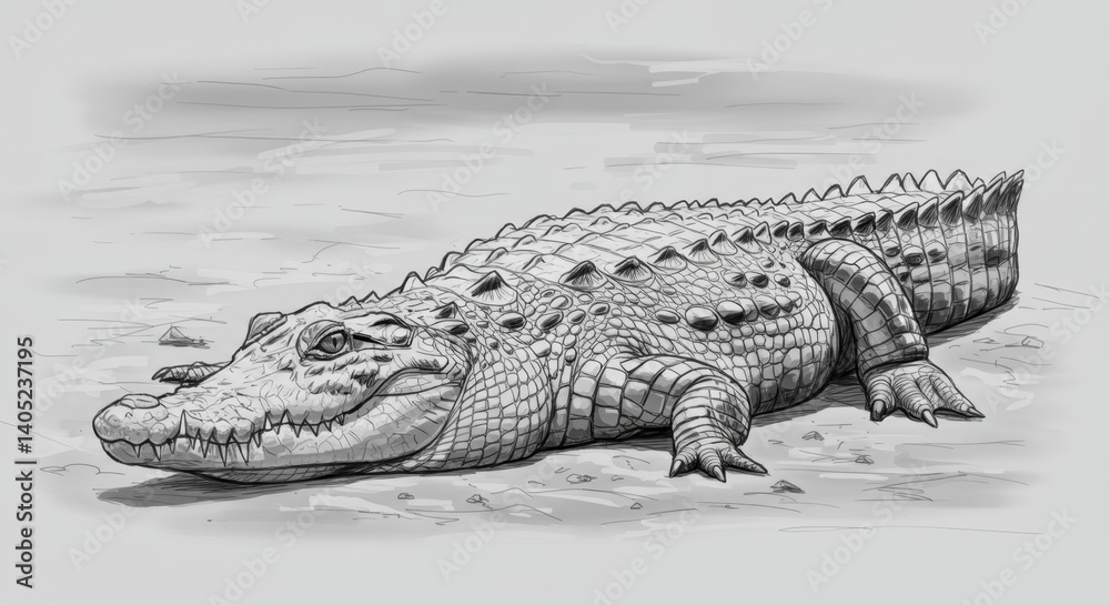 Obraz premium Black and White Sketch of a Sunbathing Crocodile