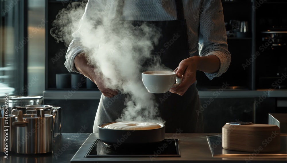 Steaming hot beverage preparation by a chef in a modern kitchen.