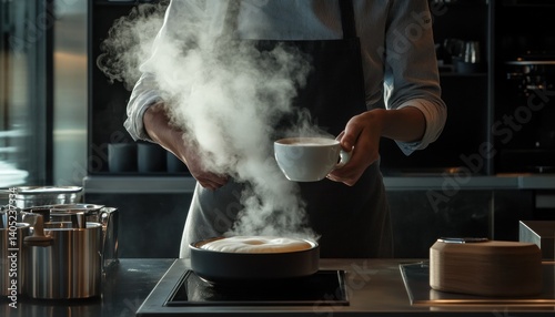 Obraz na płótnie Steaming hot beverage preparation by a chef in a modern kitchen. w salonie