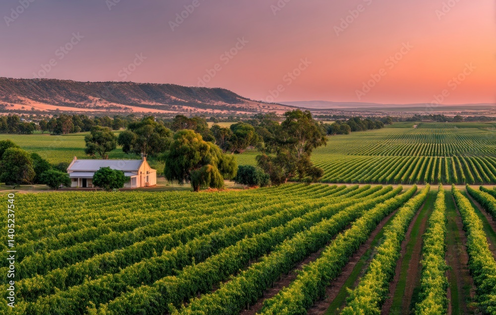 Vineyard Landscape at Sunset with Building and Rows of Grapevines Vineyard Landscape at Sunset with Building and Rows of Grapevines