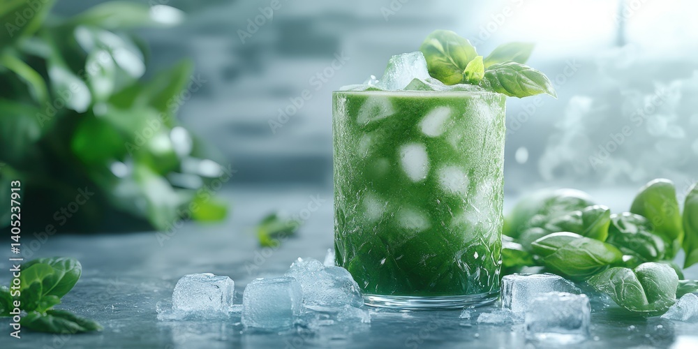 Refreshing green beverage with ice and fresh basil on a marble countertop in a bright kitchen setting Refreshing green beverage with ice and fresh basil on a marble countertop in a bright kitchen setting