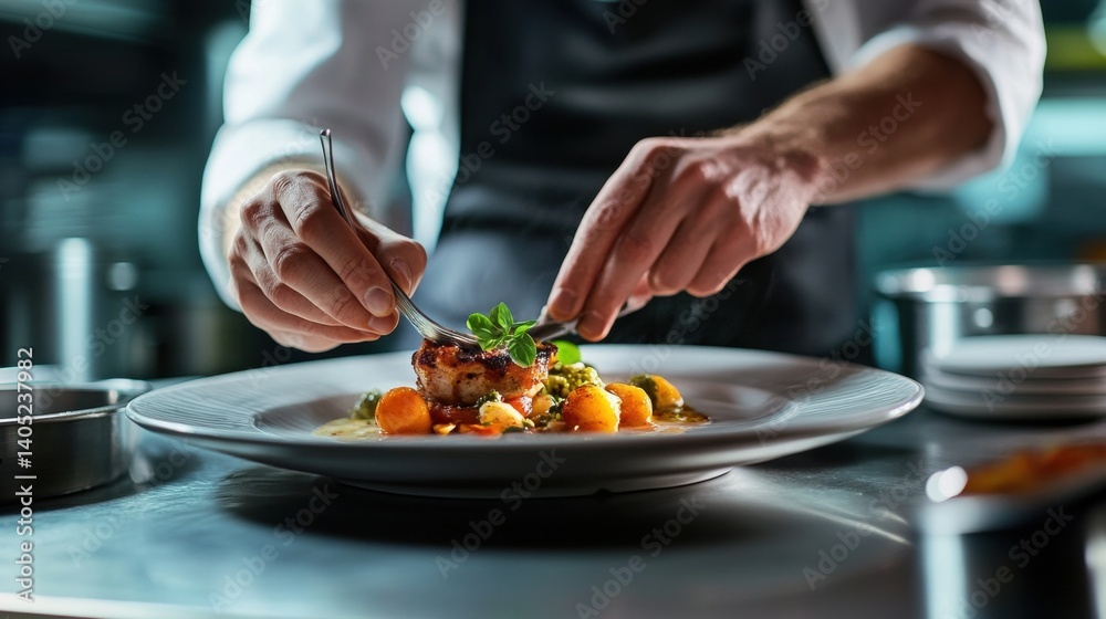 Chef's hands artfully arrange a gourmet dish.