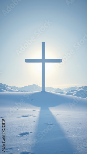 A cross silhouetted against a sunlit sky with snowy landscape below.