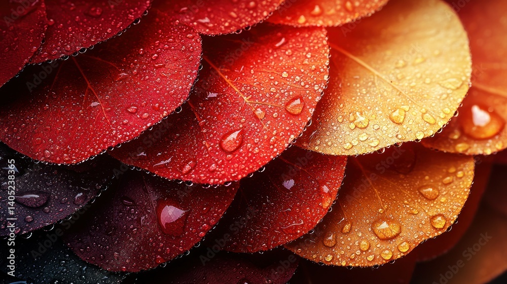 Obraz premium Dew-kissed autumn leaves in vibrant red, orange, and dark hues