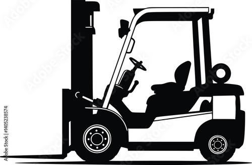 Black silhouette of a forklift with elevated forks, illustrating industrial material handling and warehouse logistics in vector design