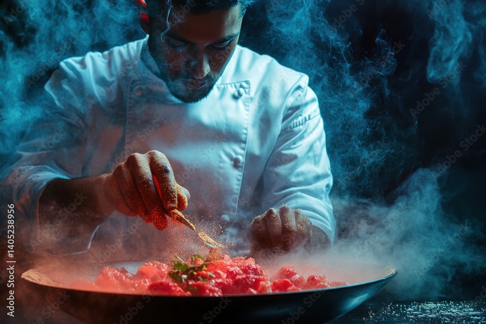 Concentrated chef preparing a vibrant dish amidst smoke.