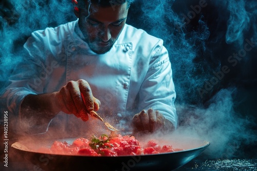 Obraz na płótnie Concentrated chef preparing a vibrant dish amidst smoke. w salonie
