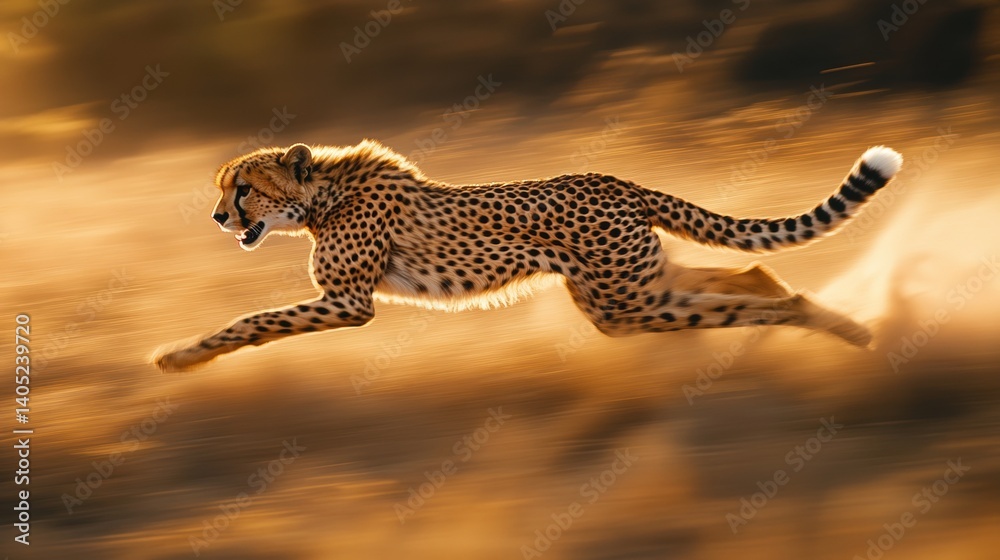 Golden cheetah bursts through a desert landscape in motion.