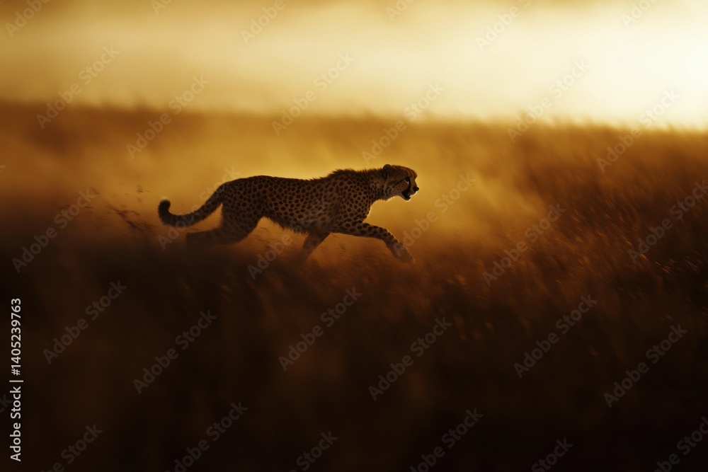 A cheetah sprints through a golden savanna at sunset.