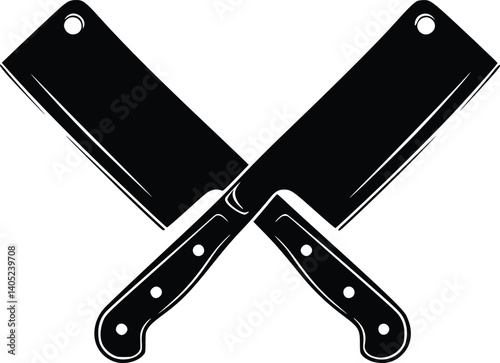 Crossed silhouette of two black meat cleavers with riveted handles and blade holes, representing culinary craftsmanship and precision