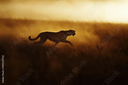 Obraz na płótnie A cheetah sprints through a golden savanna at sunset. w salonie