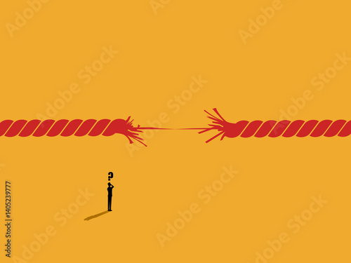 Near Crisis, Life on the Line, Businessman Stands and Watches Rope Breaking