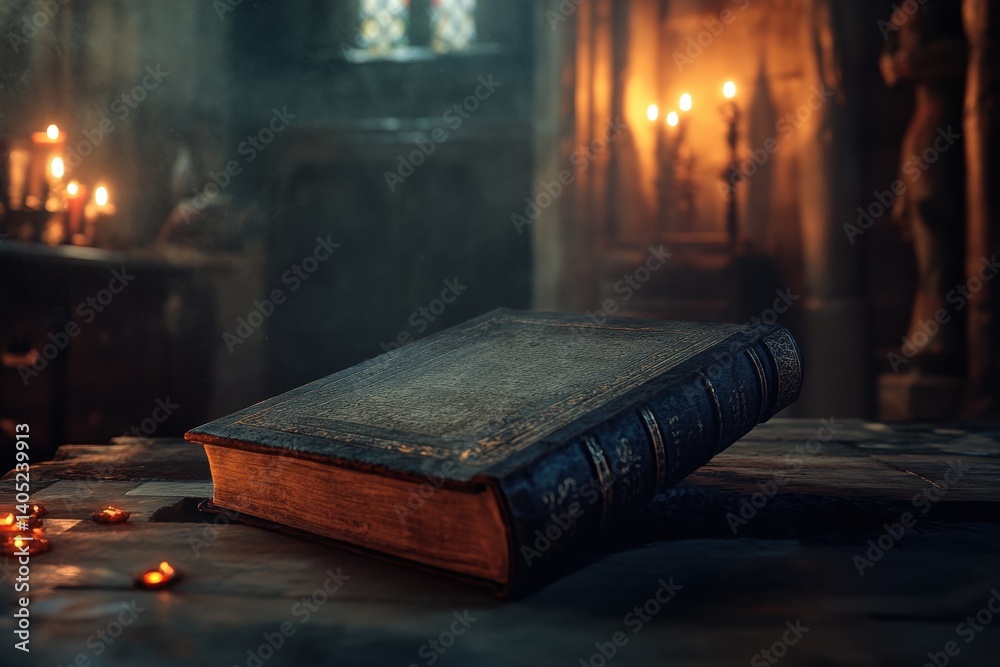 Aged tome rests on a weathered table in a dimly lit chapel.