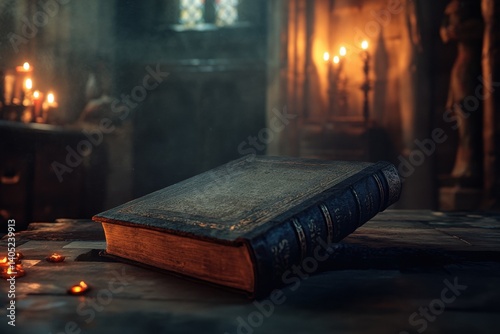 Obraz na płótnie Aged tome rests on a weathered table in a dimly lit chapel. w salonie