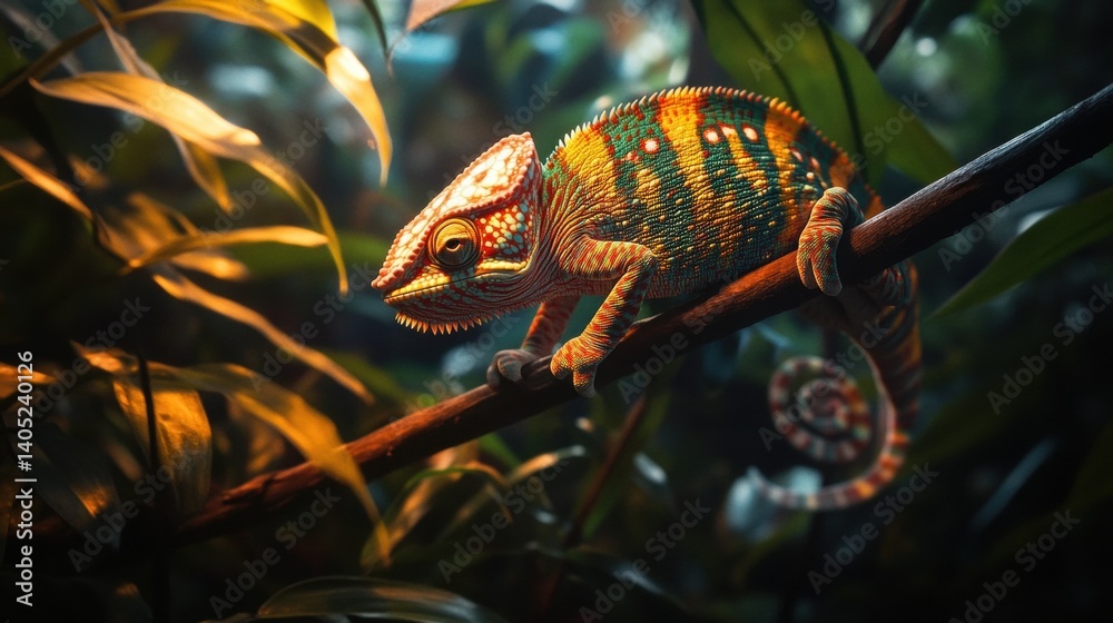 Vibrant chameleon perched on a branch amidst lush foliage.