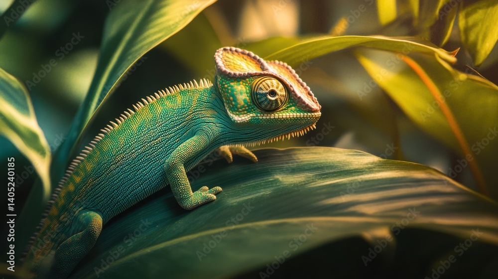 Close-up of a vibrant green chameleon on a leaf.