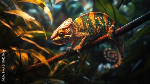 Obraz na płótnie Vibrant chameleon perched on a branch amidst lush foliage. w salonie