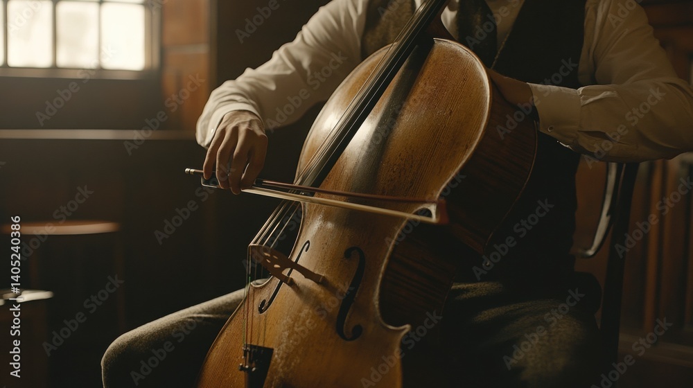 Close-up of a cellist playing a cello in a dimly lit room.