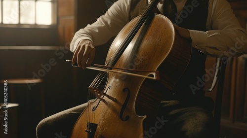 Obraz na płótnie Close-up of a cellist playing a cello in a dimly lit room. w salonie