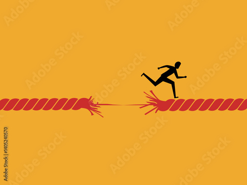 Crisis, last rope, businessman on a rope that is about to break