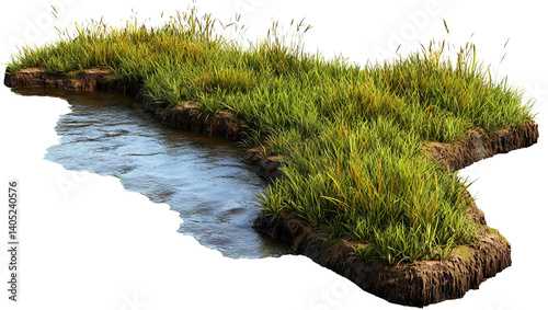 PNG of Vibrant wetlands with lush green grass and calm water, showcasing the beauty of nature in a tranquil setting.