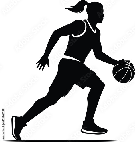 Silhouette of a basketball player dribbling a ball while in motion, depicting dynamic movement and athletic agility in sports design