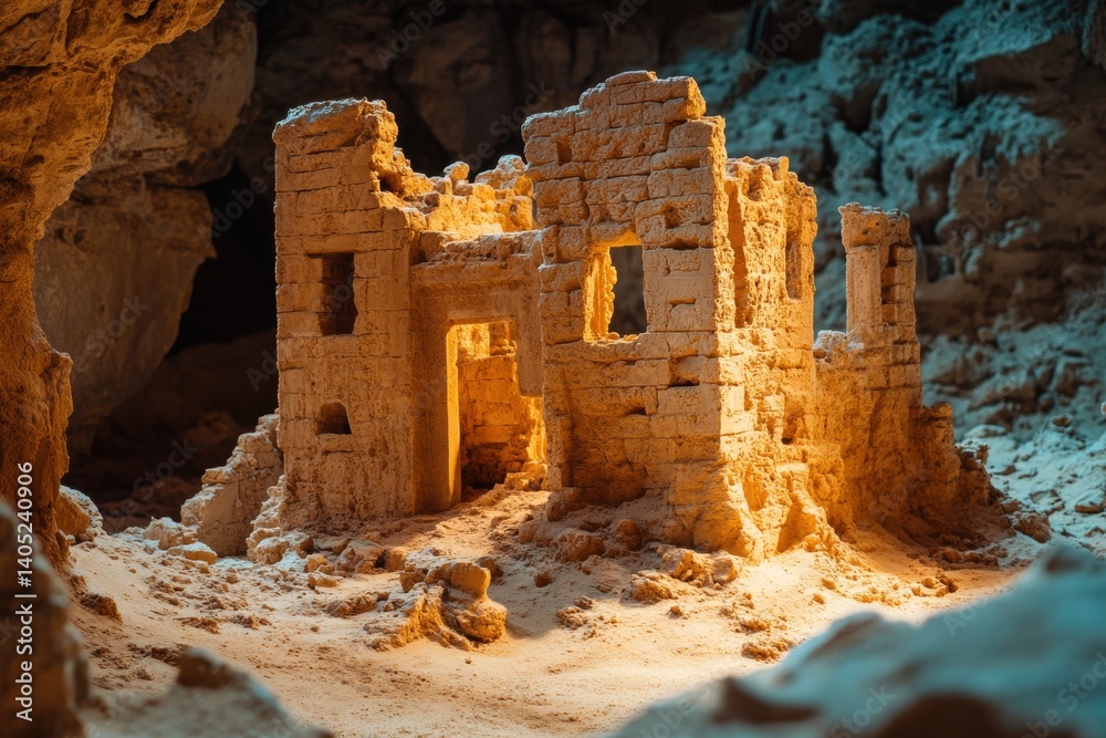 A crumbling miniature sandcastle structure within a cave.
