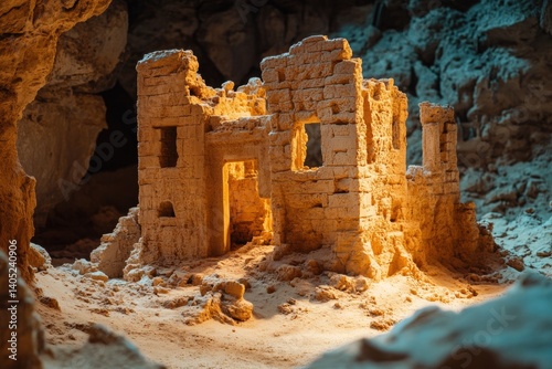 Obraz na płótnie A crumbling miniature sandcastle structure within a cave. w salonie