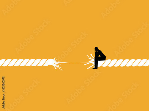 Crisis, Last Rope, Businessman Stressed Out on a Rope About to Break