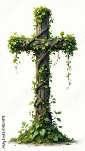 A cross with green ivy wrapped around it.