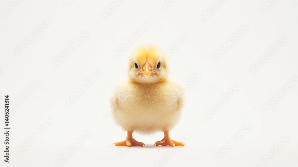 Close-up of a fluffy yellow chick against a pristine white backdrop creates a charming photograph Close-up of a fluffy yellow chick against a pristine white backdrop creates a charming photograph