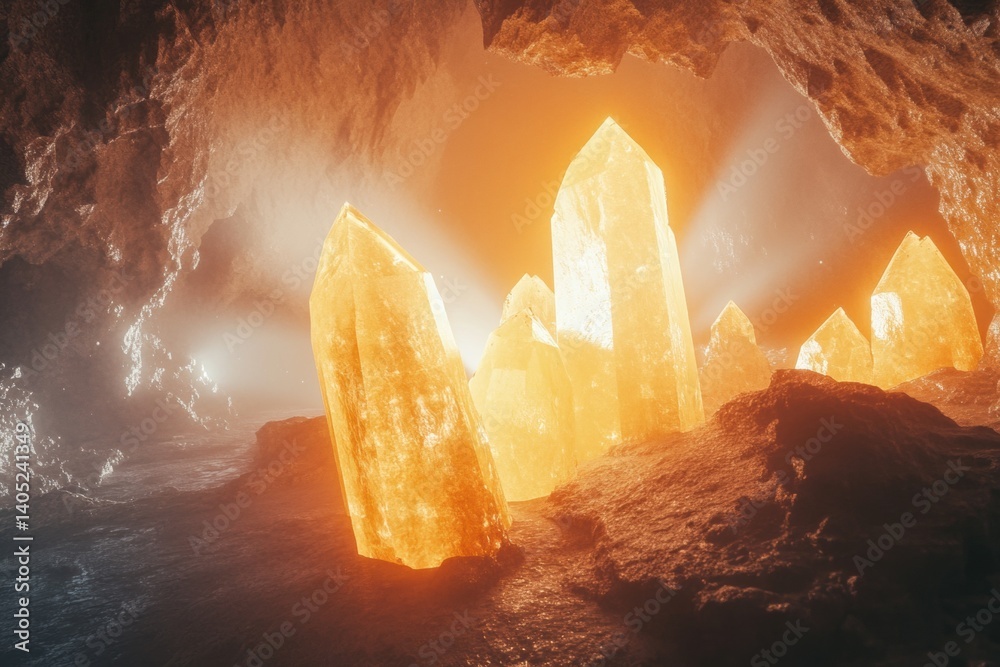 Illuminated amber crystals within a subterranean cavern.