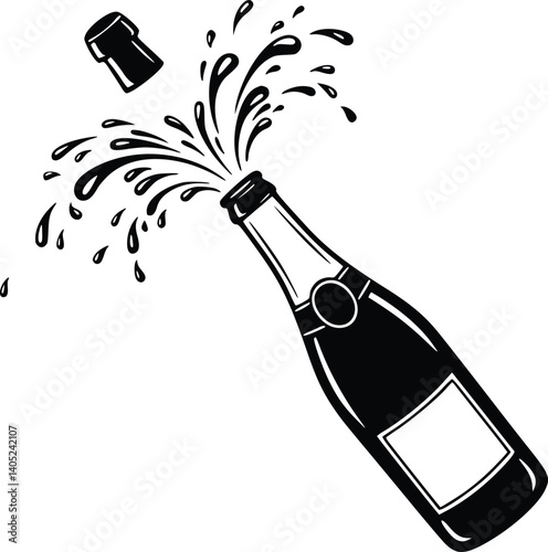 Black and white illustration of a champagne bottle with cork popping and liquid spraying, symbolizing celebration and festivity