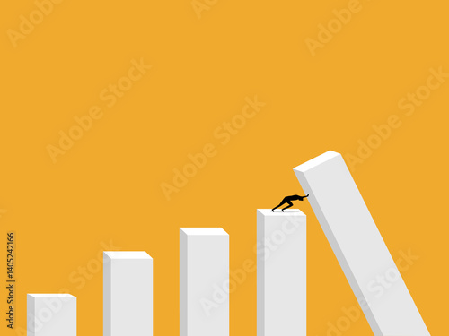 Businessman pushes to prevent bar chart from collapsing, helps to get out of crisis