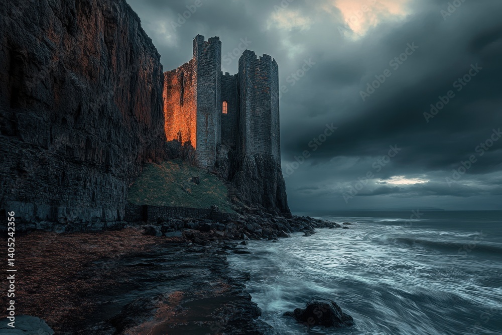 Dramatic coastal castle illuminated by dawn's light.