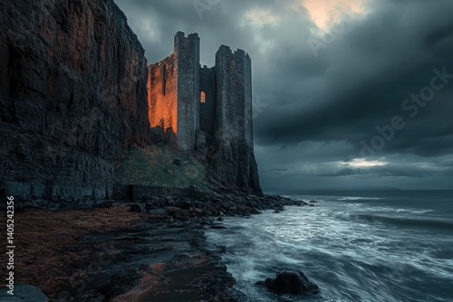 Obraz na płótnie Dramatic coastal castle illuminated by dawn's light. w salonie