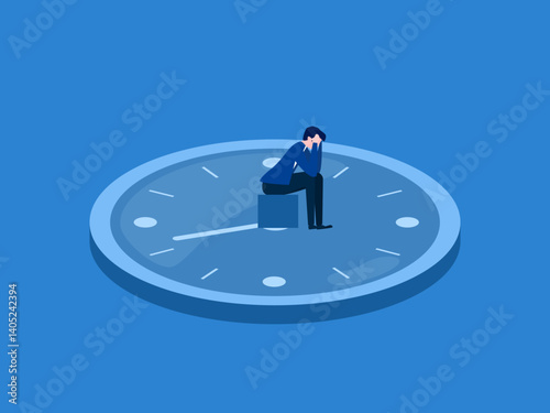 Suffering from repetitive work, Routine, Businessman sad on clock face