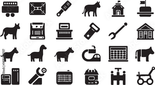 A collection of black and white silhouette icons representing various farm and garden tools, plants, animals, and structures.
