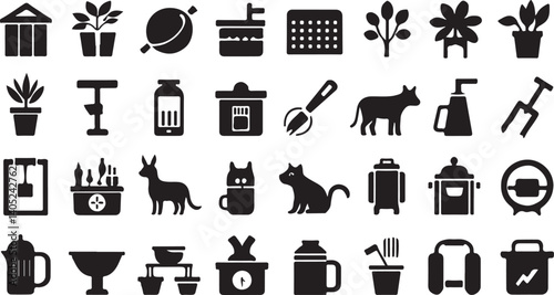 A collection of black and white silhouette icons representing various farm and garden tools, plants, animals, and structures.